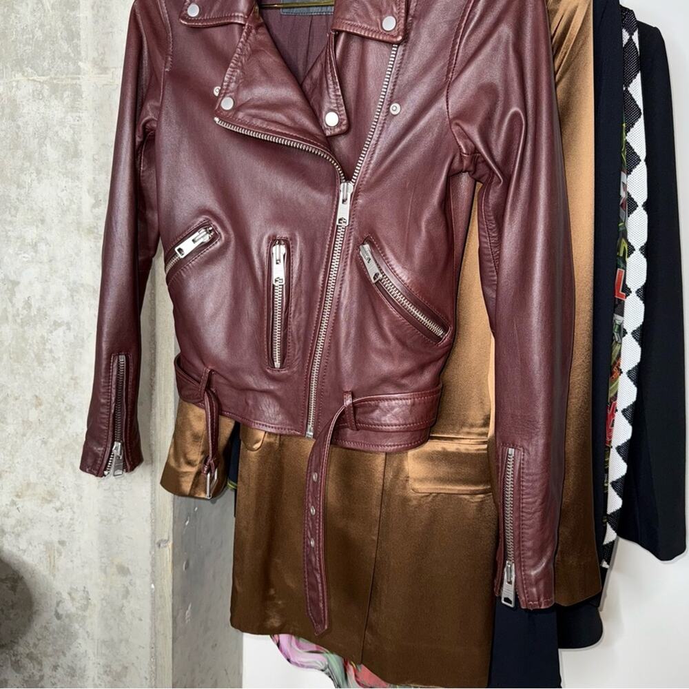 ALLSAINTS Balfern Moto Leather Biker Jacket in Burgundy Womens 0 EUC - Picture 6 of 17